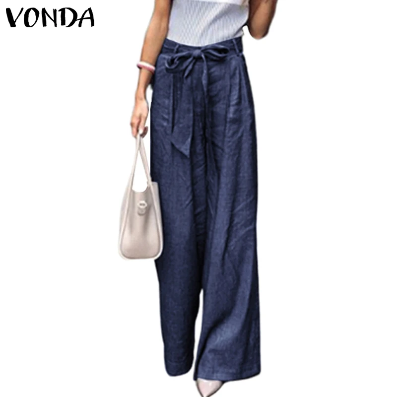 VONDA, женские винтажные Широкие штаны,, элегантные штаны с завышенной талией и поясом, богемные панталоны, женские комбинезоны размера плюс S-5XL