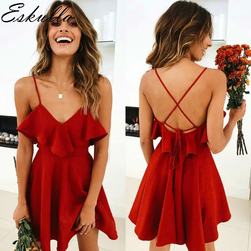 

Eskulla Summer Women's Red Dress Backless Cross Drawstring Ruffles Bundle Waist V-neck Strap Mini Dresses pure color Vintage