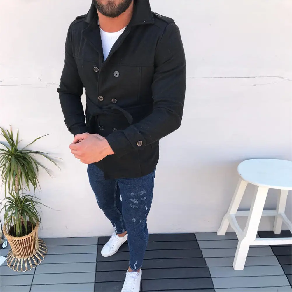 

Mens Jacket Warm Winter Coat Slim Fashion Casual Button Sashes Windbreaker 2018 Long Sleeve Solid Pockets Jackets