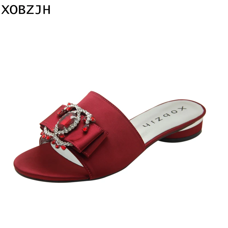 

Summer Women Shoes Flat Sandals Luxury Ladies Rhinestone Shoes Woman 2019 Red Leather Designer Silk Sandals Slippers Size 11