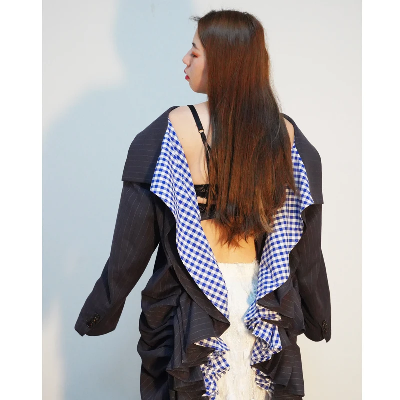 2019 Mode Vêtement De Printemps Manches Pleine Collar Pour Rayé Femme Grey Veste Unique Nu Dos Turn Dark Deat Wd71602l Costume Ruches Nouveau down dIxFXdA