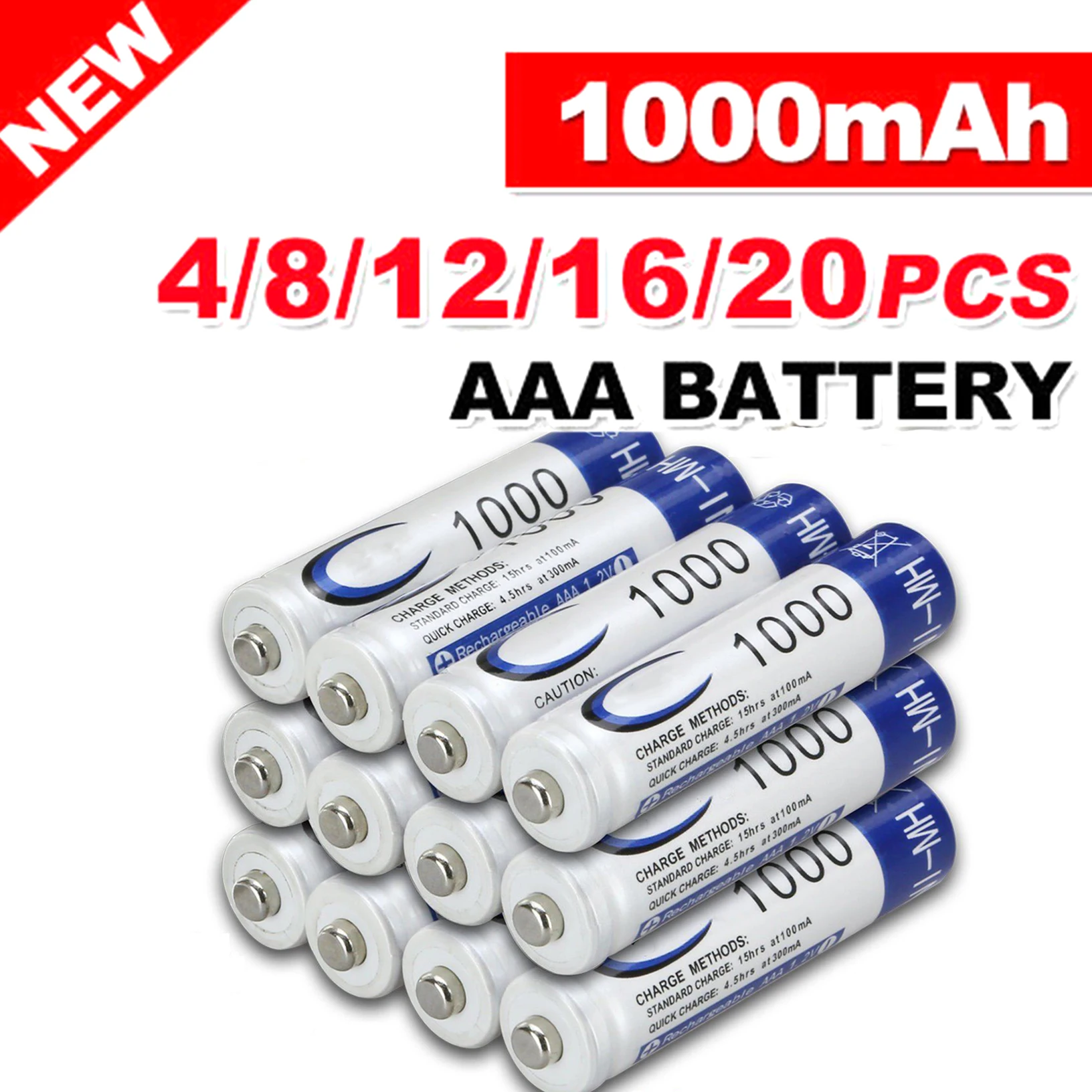 4 20pcs AAA 1.2V 1000mAh Ni MH Rechargeable Battery Rechargeable