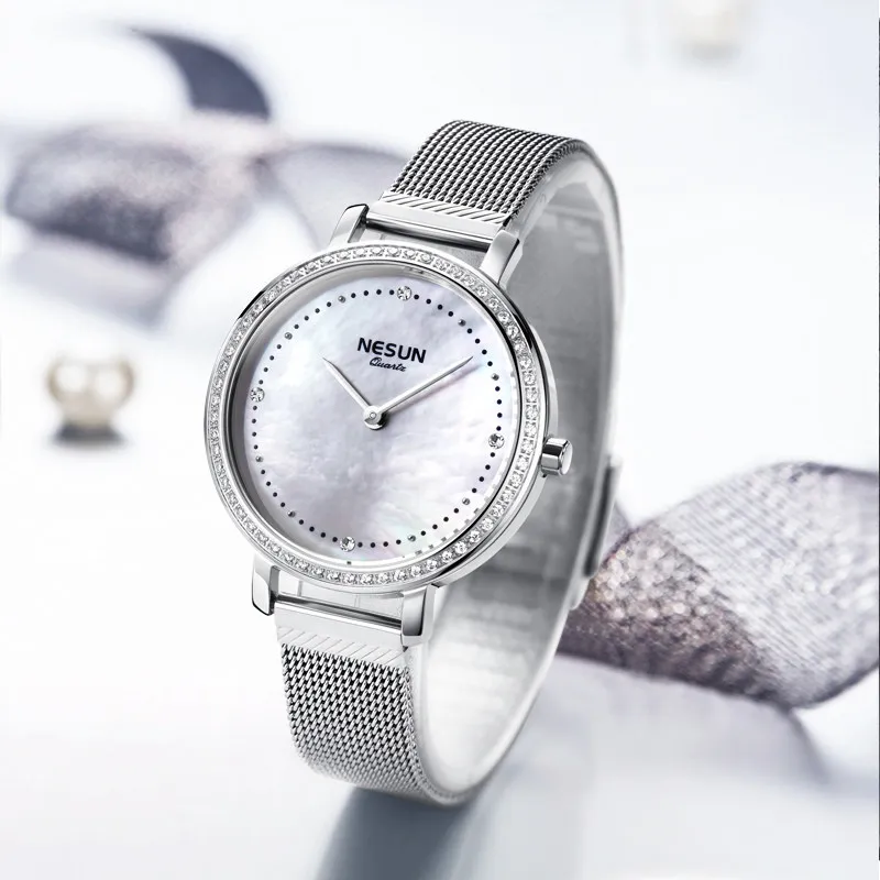 Switzerland NESUN Women\'s Watches Luxury Brand Japan Quartz Movement Pearl Steel Diamond 7MM Ultra-thin Waterproof Clock N8809-1