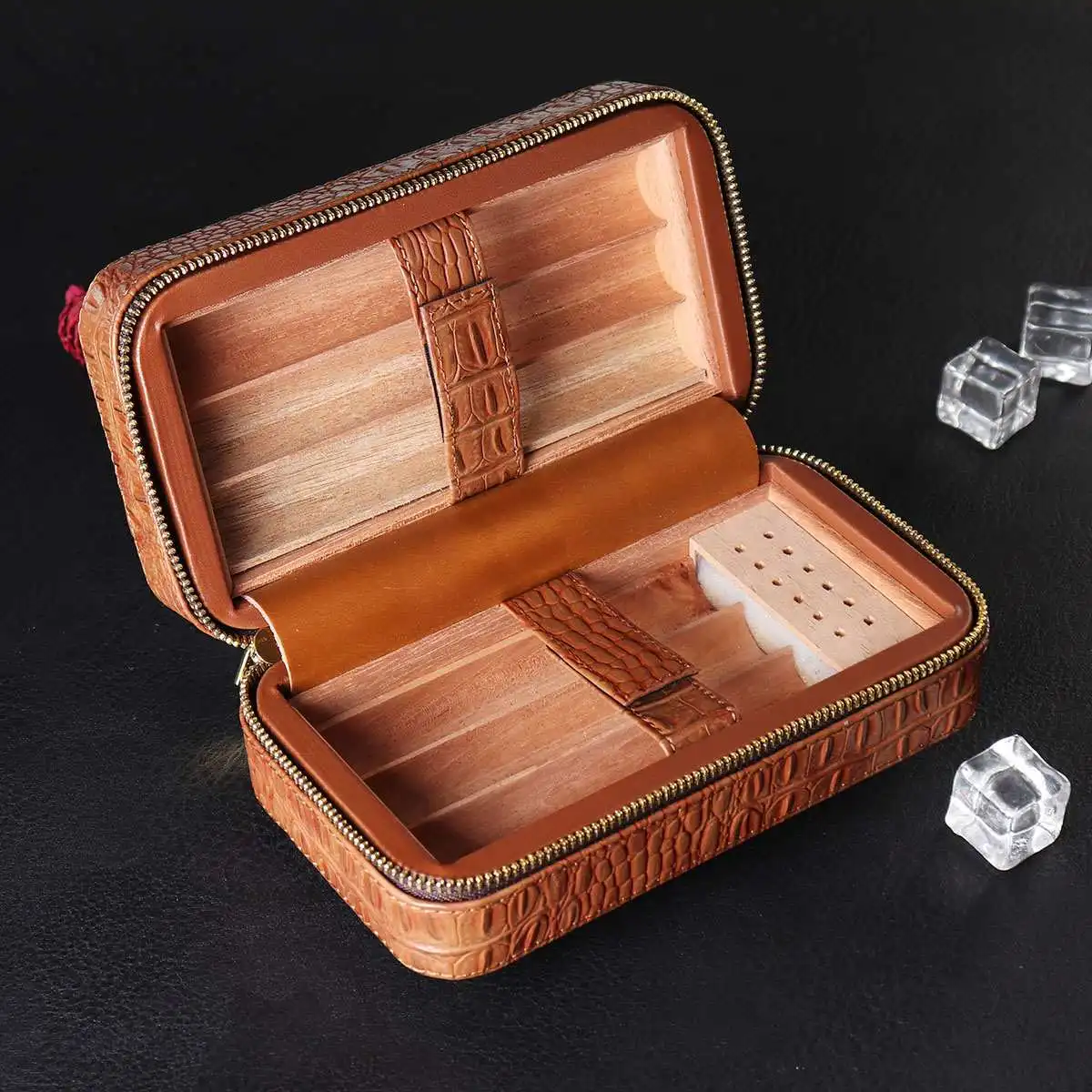 Brown Leather Cedar Wood Lined Cigar Humidor Humidifier Travel Storage Case Set Cedar Wood + Leather Christmas Box 195x105x73mm