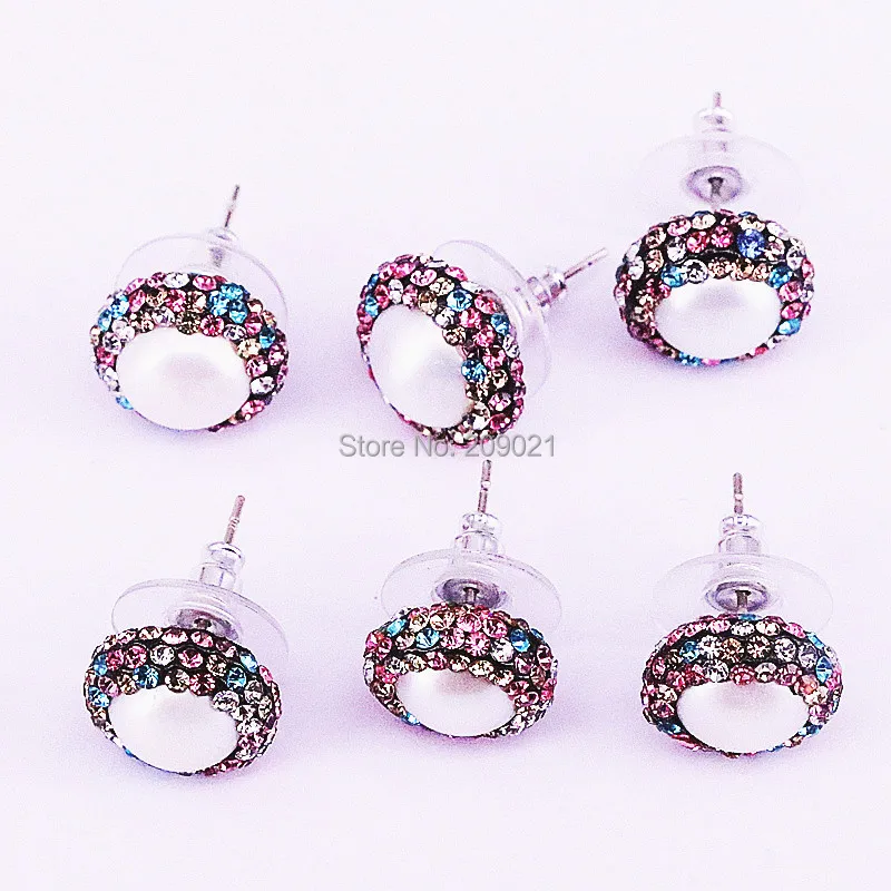 10 пар натуральный жемчуг серьги проложить разноцветные стразы 12 мм Круглой Формы Серьги гвоздики для женщин