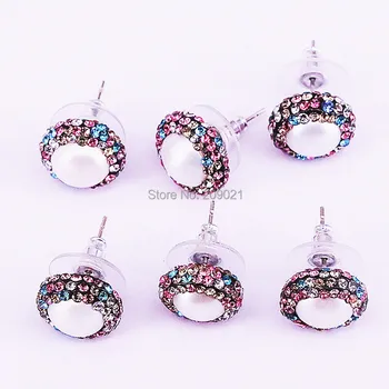

10Pair Natural pearls earring pave colorful rhinestone Crystal 12MM round shape stud earrings For Women