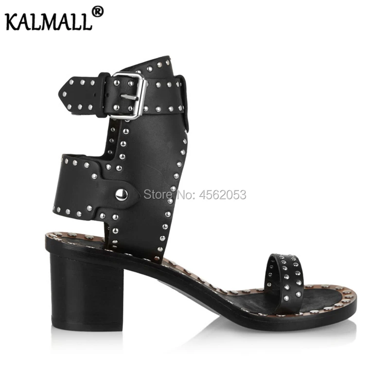 

KALMALL Black Leather Rivet Summer Shoes Woman Silver Stone Studded Sandals Block Heel Ankle Buckle Roman Sandalias Mujer 2019