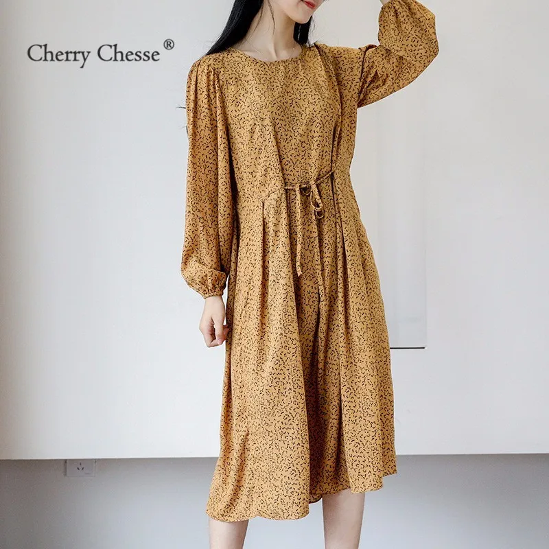 Cherry Chesse Винтаж платья в цветах шифон кружево до Империя середины икры платье