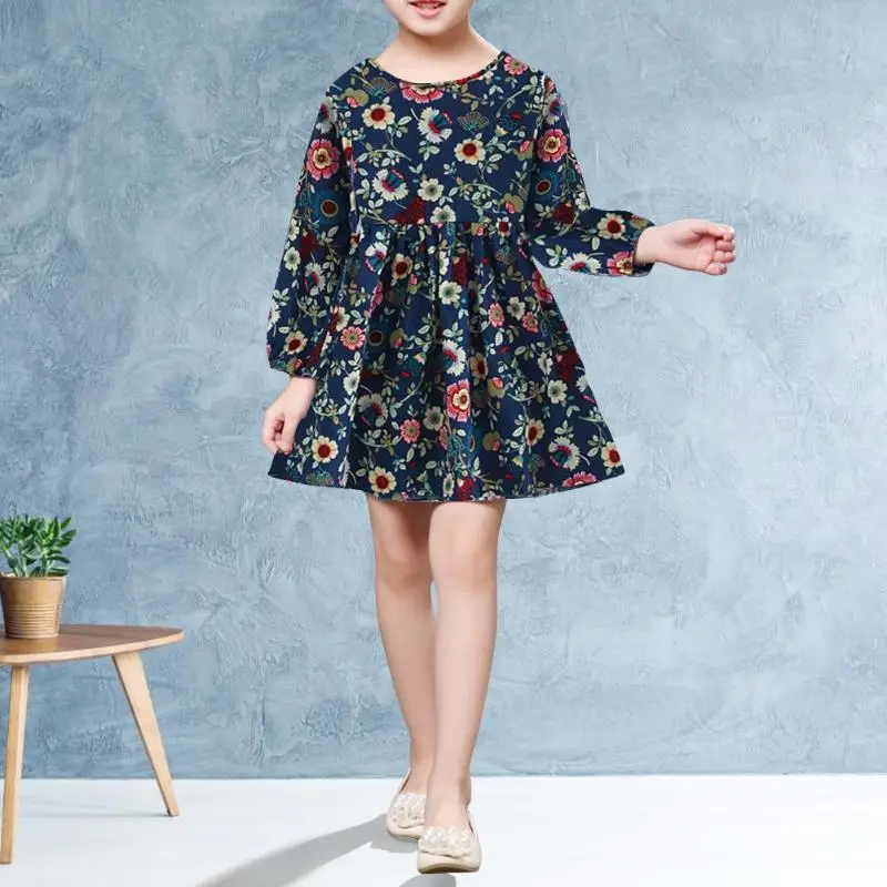 

Fashion Children Girl Dress Cute Flowers Print Long Sleeve Pleated Dress Princess Clothes Kids Dresses For Girls 2 to 7 Years