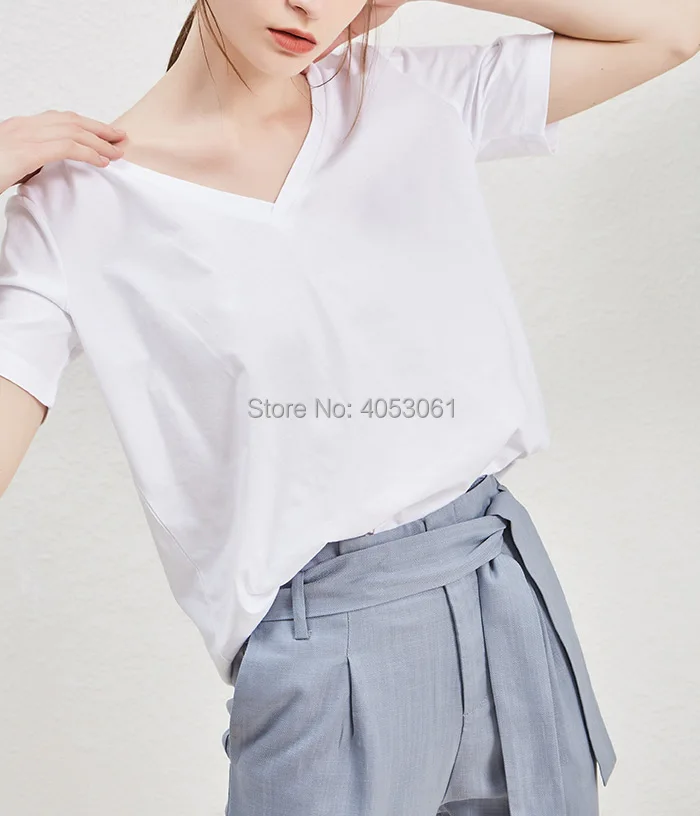 

Cotton Round Neck/V Collar Simple Style Short Sleeve T Shirt - 2019ss Women Navy/Black/White Tees Top