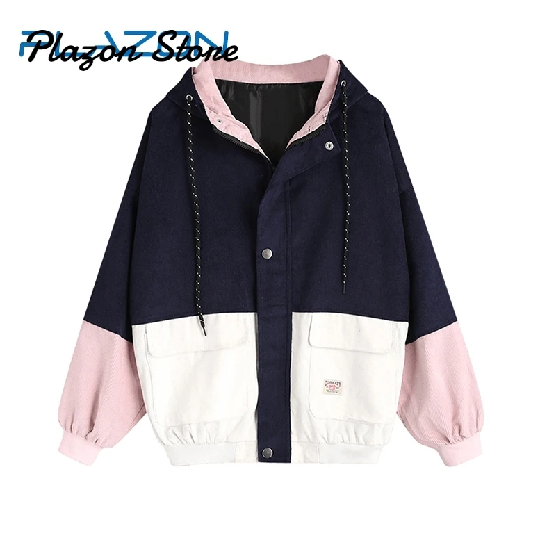 

Harajuku Korean Zip Jacket Hoodie Color Block Corduroy Pocket K-pop Jacket Winter/Autumn 3XL Women Jackets Coat Hoodies