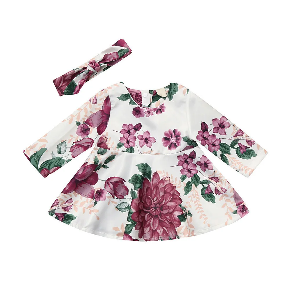 

Sweet Baby Girls Dress 2019 New Baby Long Sleeve Flower Print Princess Dress Dress + Hair Strap Set Two Piece Set For Girls