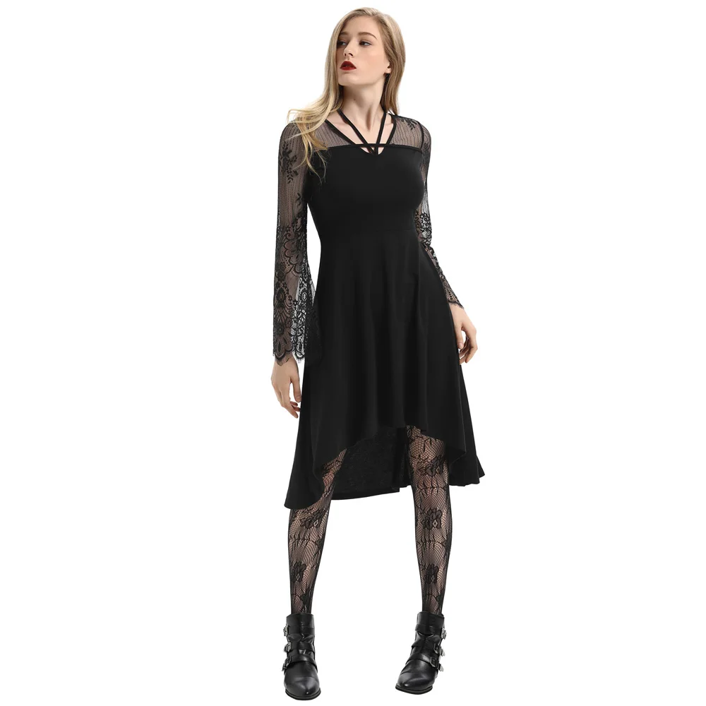 

black dresses Women S~2XL Vintage Gothic Long Bell Sleeve Lace Patchwork High-Low Hem Dress party club wear A-line dress vestido
