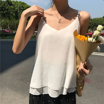 

Size S-4XL Summer Women Chiffon Camisole Tops Female Polyester Tanks Sleeveless Basic Solid T shirts With Adjustable Straps