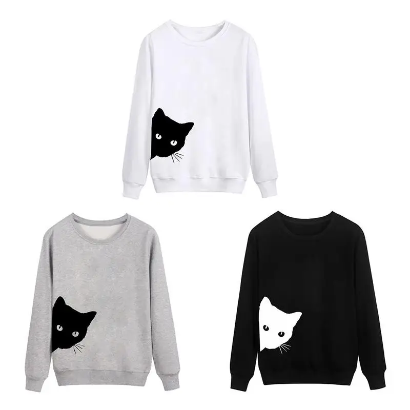 

Women's Leisure Hoodies Personality Cat Head Print Loose Round Neck Long Sleeve Cotton Blend Tops For Female White Gray Black