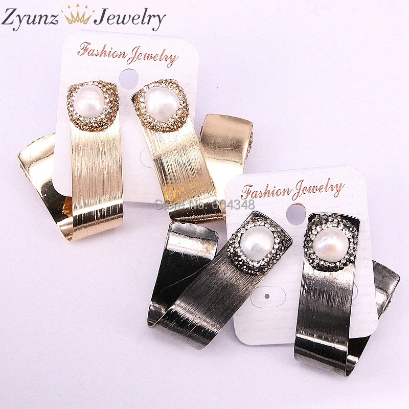 

5Pairs ZYZ335-6620 Irregular Twisted Gold/Black Color Nature Pearl Metal Earrings Charms For Women Party Jewelry