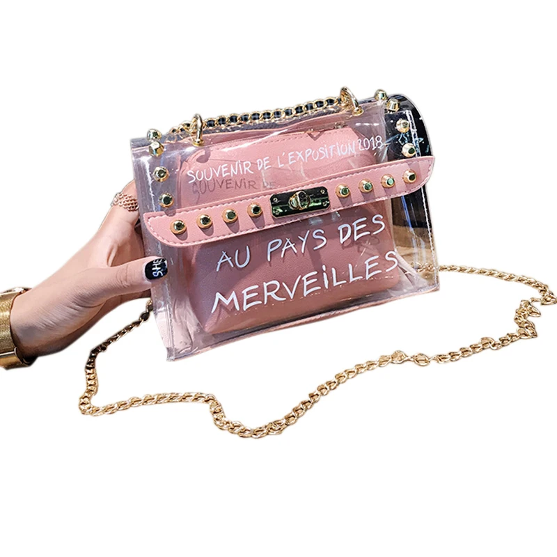 

Summer Fashion New Handbag Pvc Transparent Women Bag Sweet Printed Letter Square Phone Bag Chain Shoulder Bag