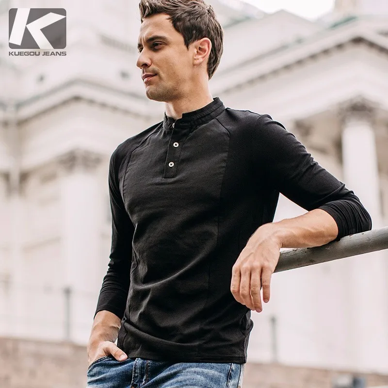 

KUEGOU 2019 Autumn Cotton Button Plain White T Shirt Men Tshirt Brand T-shirt Long Sleeve Tee Shirt Fashion Top Plus Size 1306