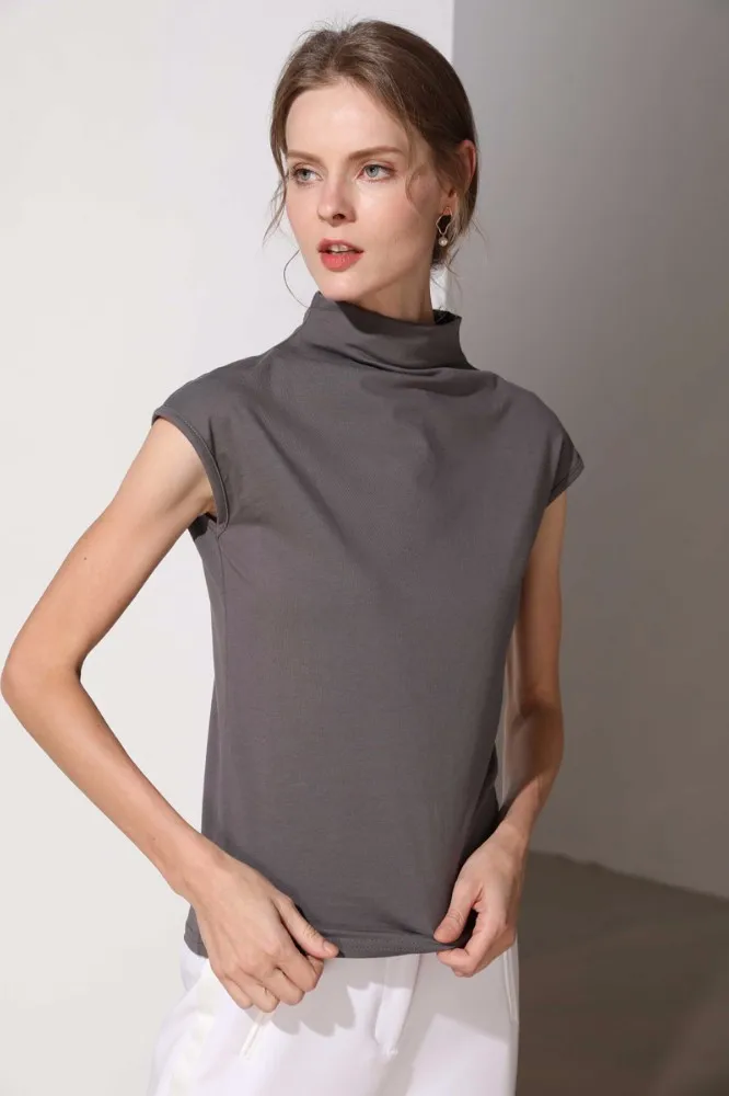 

Half turtleneck cotton t shirt women short sleeve loose summer tops 2019 elegant plus size 6colors