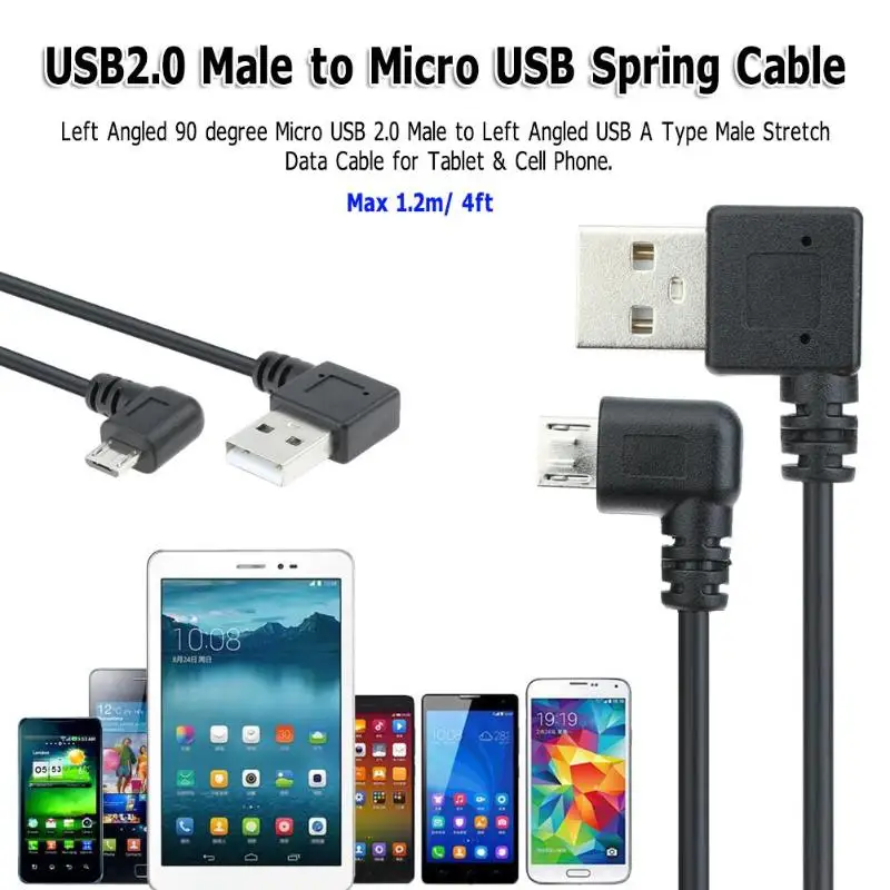 

90 Degrees Charging Cable 1.2m 4Ft USB2.0 Male to Micro USB Flexible Spring Retractable Cable for Car Navigation GPS MP3 MP4