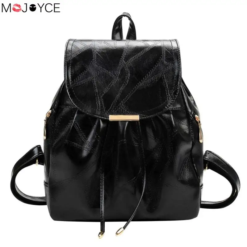 Black PU Leather Women Backpack Fashion Small Travel Backpack Preppy Style Flap Drawstring ...