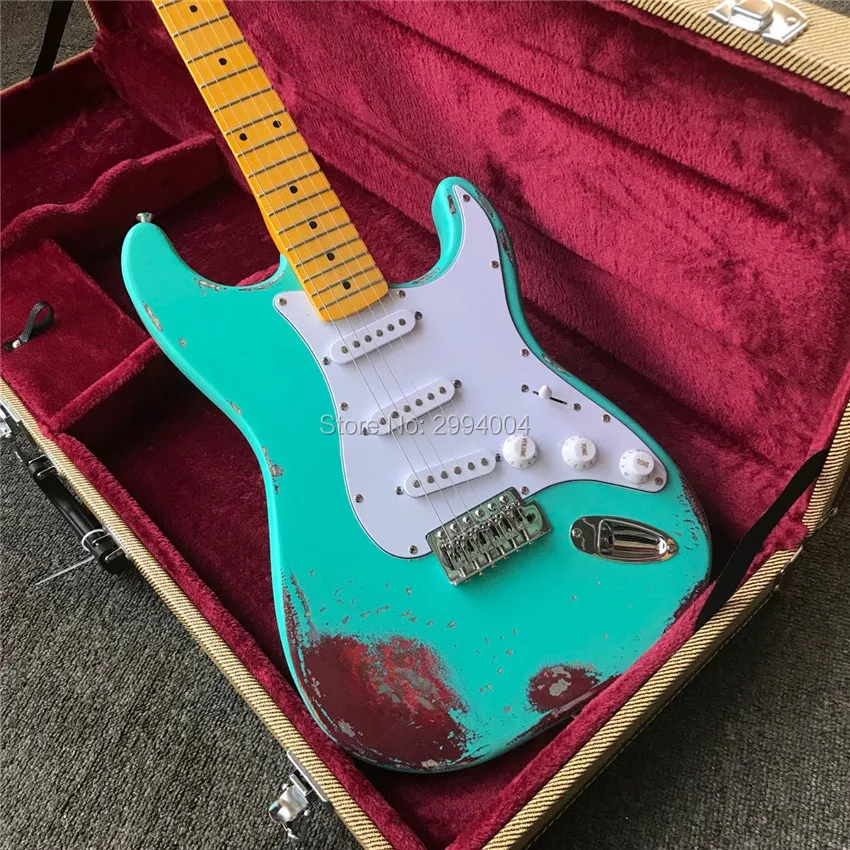 

In Stock , antique relic electric guitar, amoeba watermark picture, bone needles. electric guitar Free shipping amoeba, green