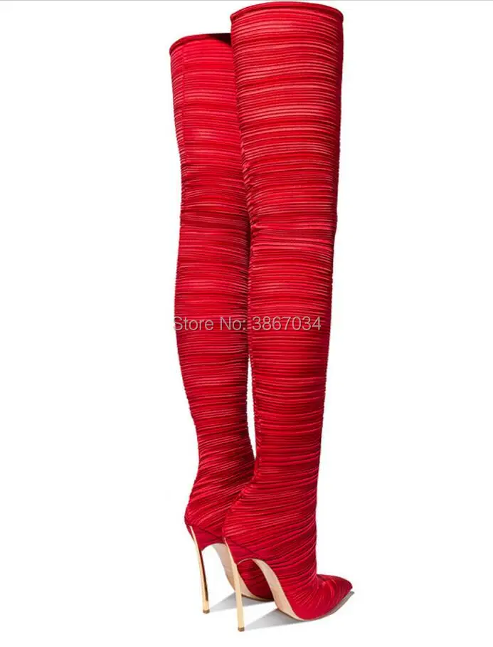 Tacones Overknee Shooegle Elástico Altos Tela Plisada Blade Punta Altas Muslo Toe Rojo Bota Marca Negro Moda Botas Mujeres xAxzOHrw
