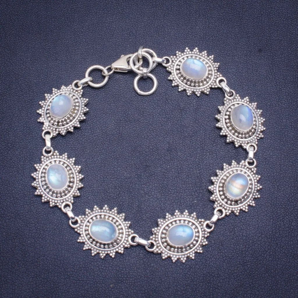 

Natural Rainbow Moonstone Handmade Unique 925 Sterling Silver Bracelet 7.25-8" A3085