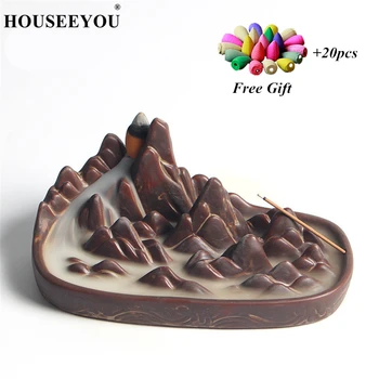 

20 Pcs Incense Cones + Mountains Fountain Ceramic Censer Home Decor Creative Backflow Incense Burner Stick Incense Holder