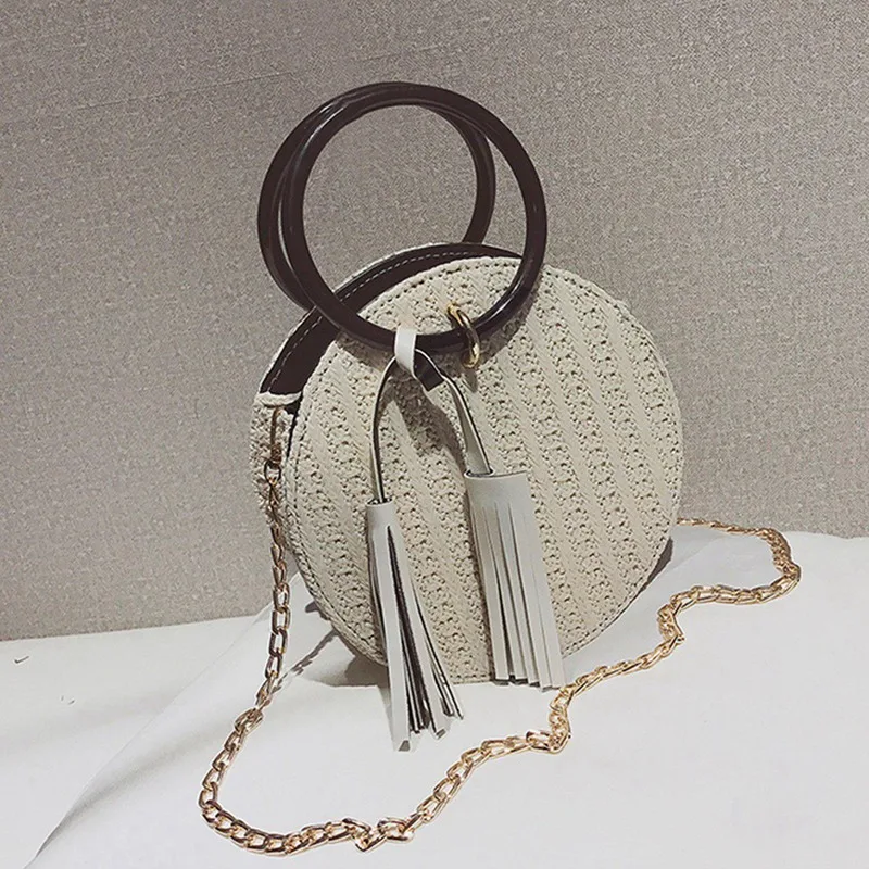 

Summer Handbag Hand-woven Straw Female Round Phone bag Portable Beach bag Chain Shoulder bag