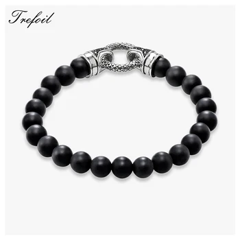 

Bracelet Cuff Classic with Black Obsidian Beads, 2018 New Homme Silver Fashion Jewelry Punk Gift for Men Boy Women Girls