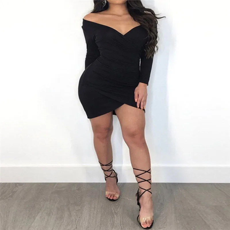 

Trendy Women dress V-Neck Long Sleeve sexy solid Casual slim Bandage Polyester Mini Dresses one pieces