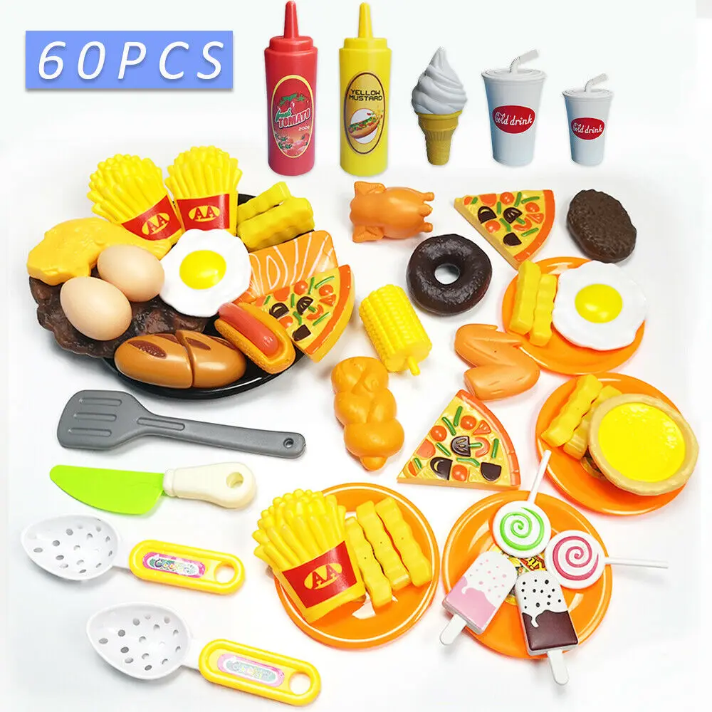

60pcs Kitchen Cutting Toys Pizza Hamburger Bread Fast Food Pretend Play Plastic Miniature Food Girls Kids Education Toy