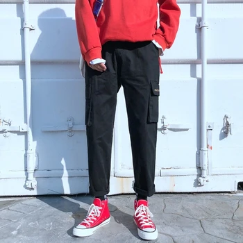 

Men's Overalls 2019 Spring New Loose Straight Pocket Decorative Pants Personality Casual Pants Youth Men's Urban Style Trend
