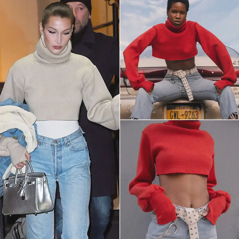 Модный бренд новейший женский зимний высокий воротник сексуальный укороченный Топ вязаный пуловер свитер вязаная одежда джемпер одежда короткая одежда