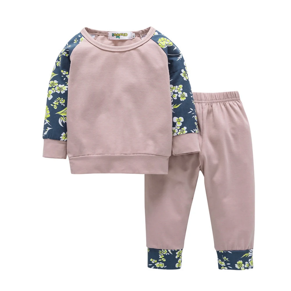 2Pcs Baby Girl Outfit Sweatsuit Long Sleeve Sweatshirt+Pants Floral Print Set