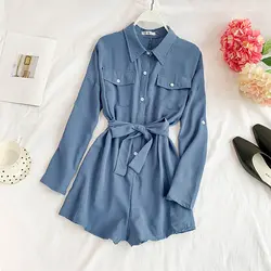 Повседневное шифоновый комбинезон Для женщин корейский сплошной карман отложной воротник бежевый синий мода Общая лето комбинезон