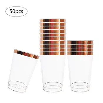 

50pcs 12oz Disposable Transparent Hot Stamping Rose Gold Cup Home Party Beverage Juice Red Wine Plastic Cup Party Supplies