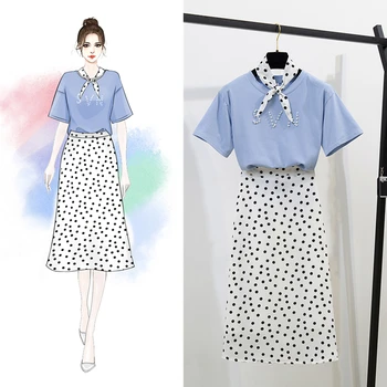 

summer new Korean fashion letters round collar T-shirt dots print long skirt suit two-piece women clothing set vestidos bow top