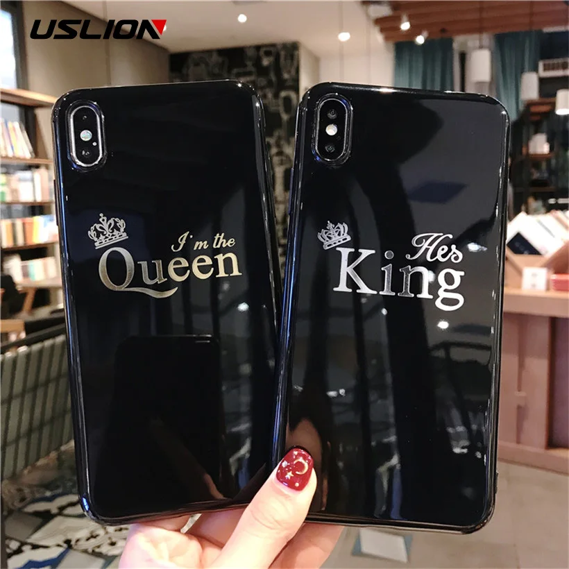 USLION Cartoon Crown Phone Case for iPhone 6 6s 7 8 Plus Silicon TPU Cases For iPhone XR XS Max Letter King Queen Back Cover