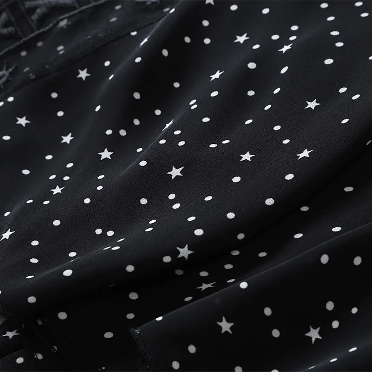 Женское Сетчатое платье в горошек со звездами, с вышивкой, Повседневное платье, со стоячим воротником, прозрачное, с длинным рукавом, черное, длинное, сексуальное платье