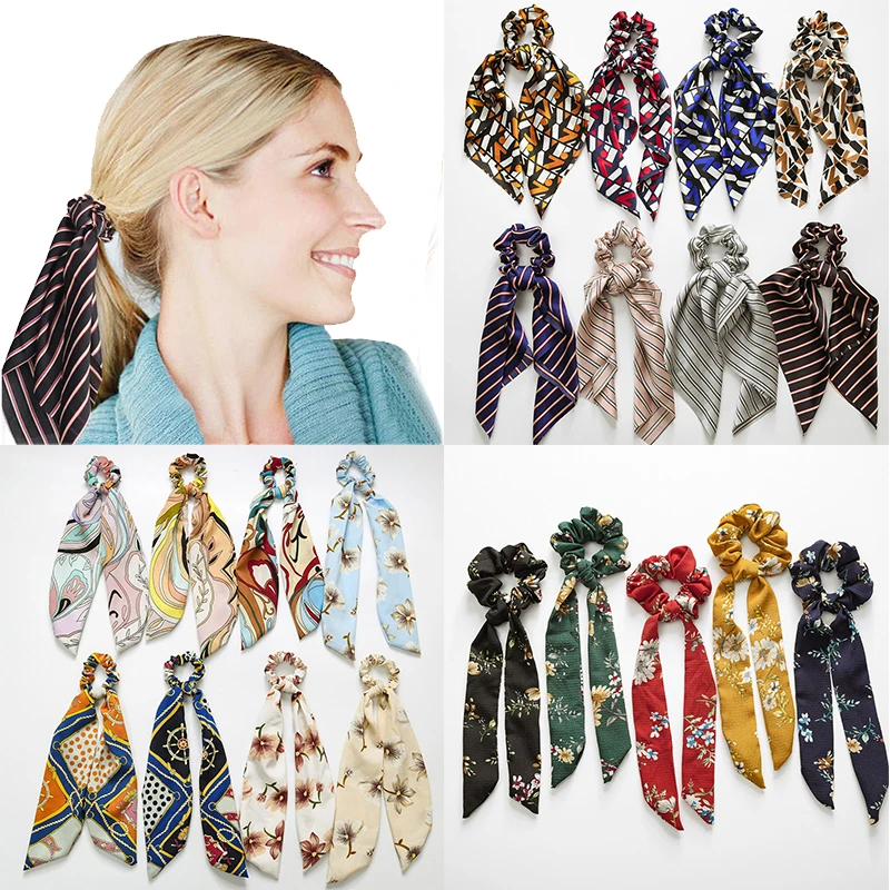 

Ponytail Holder Stripe Chiffon 19 Colors Soft Hair Tie Head wear Print Elastic 1PC Adjustable Cotton Comfortable Flower