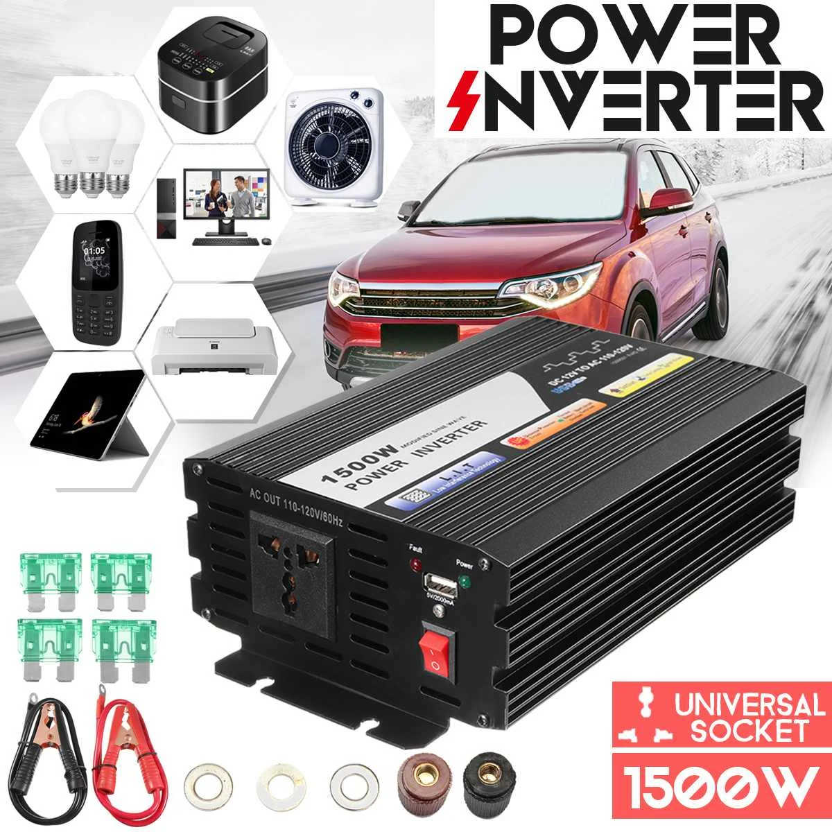 

1500W 12V DC to 110V AC Automotive Inverter Power Inverter Modified Sine Wave Power Car Inverter