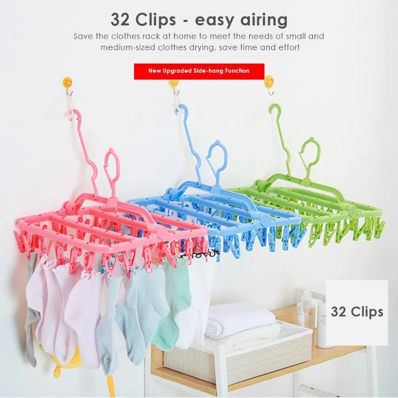 Plastic 32 Clips Folding Clothes Hanger Towels Socks Bras Underwear Drying Rack