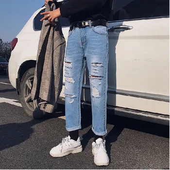 

Summer new jeans men fashion solid color straight tube casual tear hole denim pants street trend wild hip hop loose Male clothes