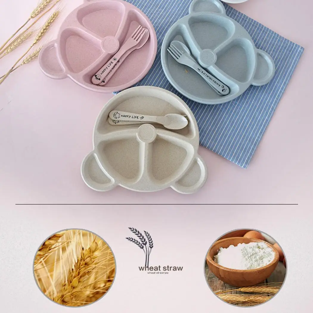 Pink Cute Blue Toddler Tableware Wheat Modern Children Casual Cartoon Set Divided Plates Kids Unisex Straw Beige