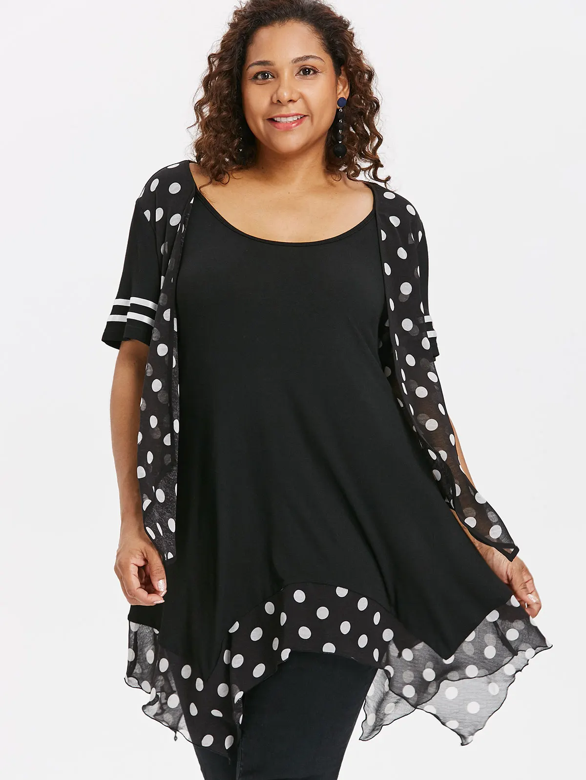 Wipalo Plus Size 5XL XXXXL XXXL Polka Dot Chiffon Long Tops Ladies