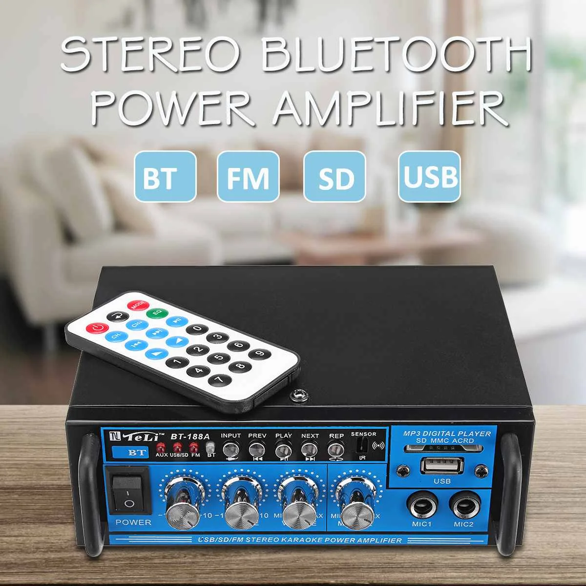 

12V/220V 2CH 100W HIFI Wireless Bluetooth Audio Amplifier Power Stereo FM Radio Car Amplificador Music Home Theater Amplifier