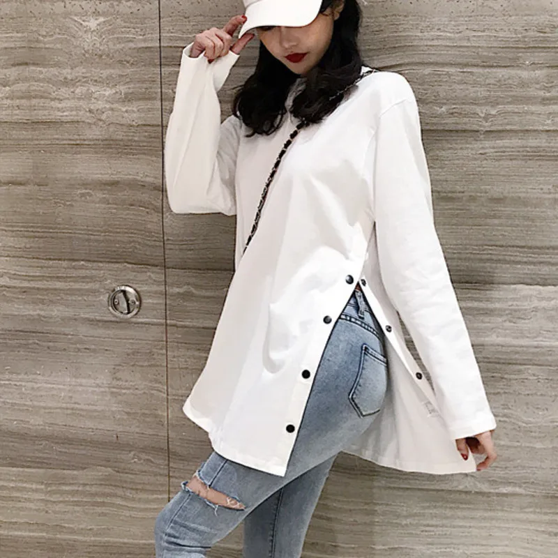 

[EWQ] Spring 2019 New Pattern Round Collar Long Sleeve Solid Patchwork Pullovers Casual Loose T-shirt Women Fashion AE34200