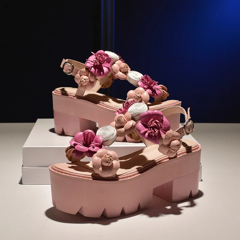 

New Design Summer Shoes Woman Sandals Leather Med Platform Wedges Flowers Pink Rome Sandals Fashion Party Sweet Real Pic Shoes